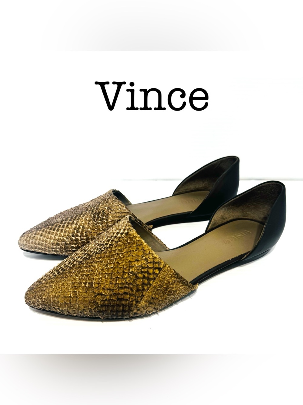 Vince Two-Tone Pointed D'Orsay Flats in Gold Snake & Grey Size 9